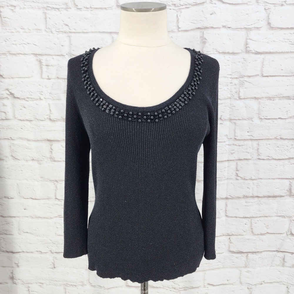 August Silk Blend Ribbed Knit Sweater Metallic Glitter Beaded Night Out Medium